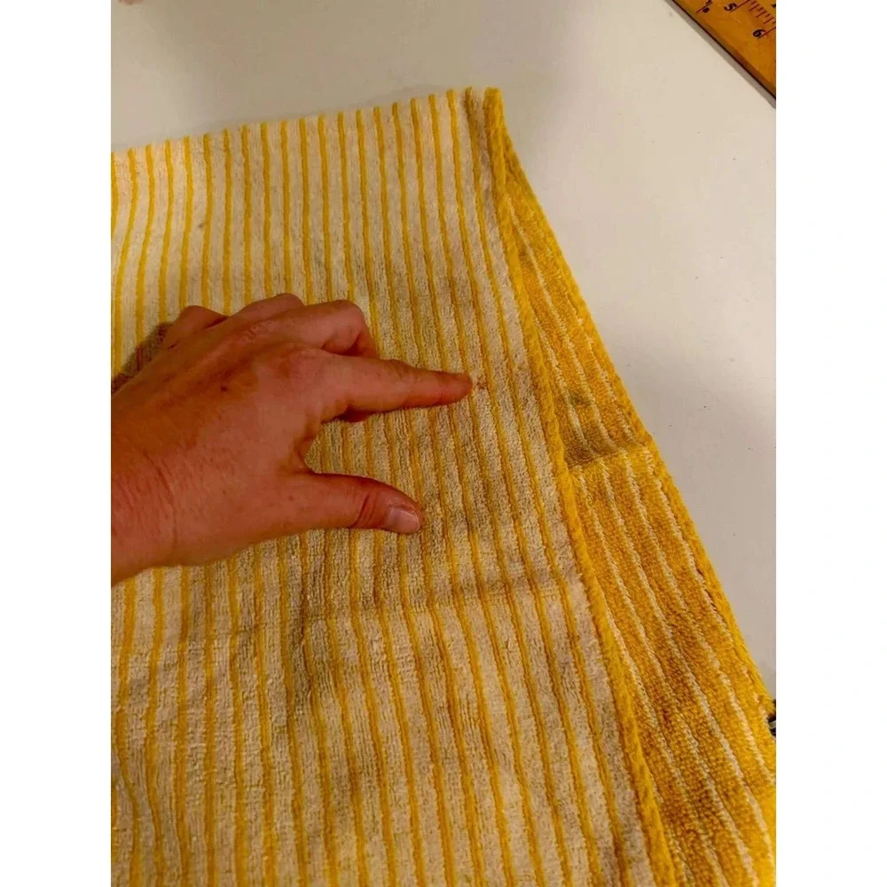 VTG Fieldcrest Fringe Hand Towel Yellow White Striped Cotton Blend Retro MCM USA